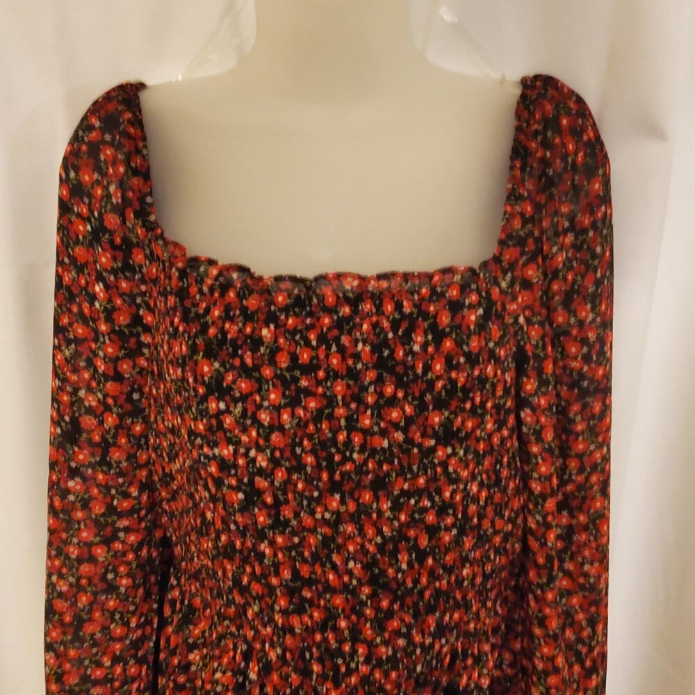 Lily Rose Women's Floral Dress ~Black Red ~Fit Flare Smocked Sheer ~ Size L, NWT